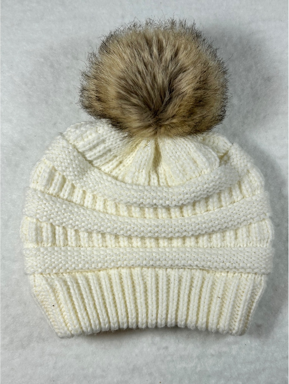 C.C Exclusives Cream Knit Beanie with Faux Fur Pom Pom